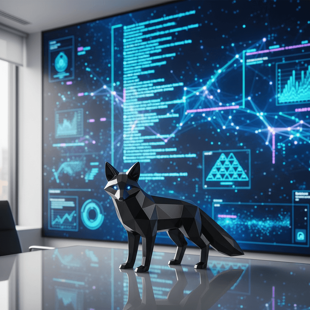 Black fox sculpture on desk with digital data display in modern office